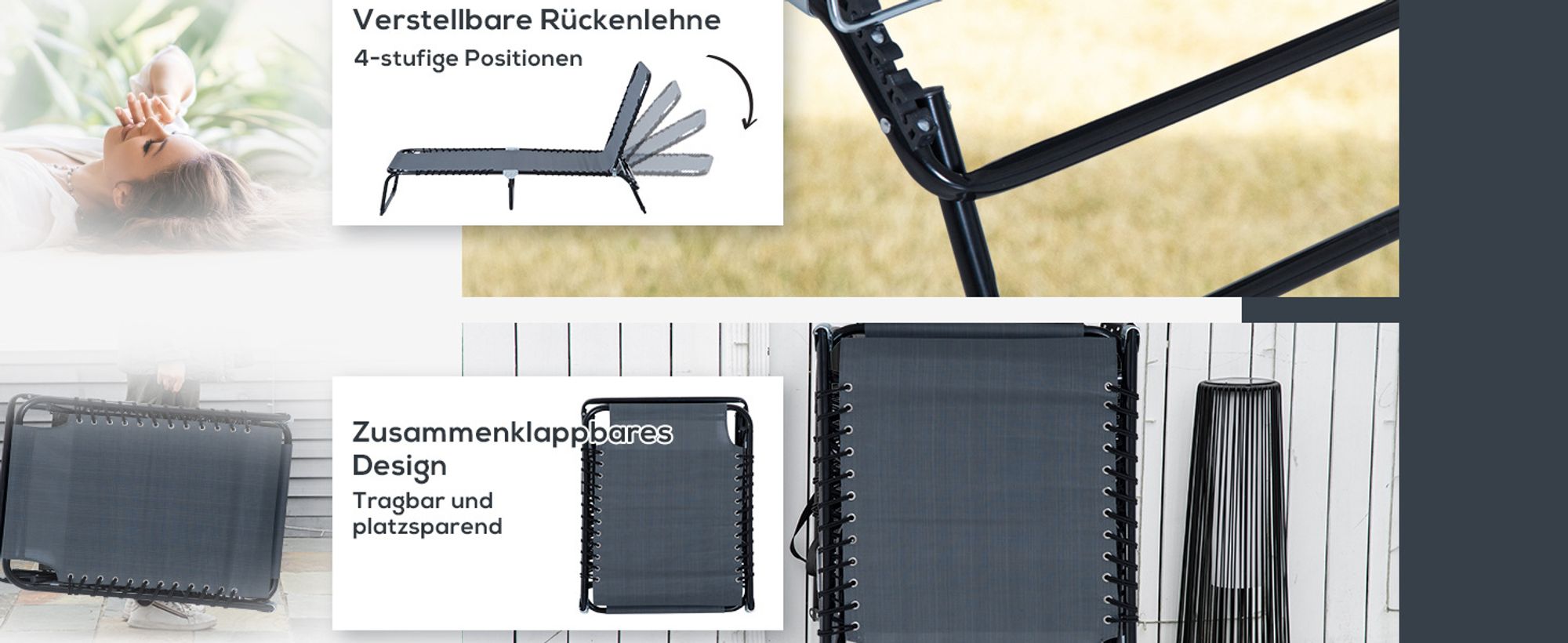 Outsunny Sonnenliege Gartenliege 4-stufige Rückenlehne verstellbar Grau