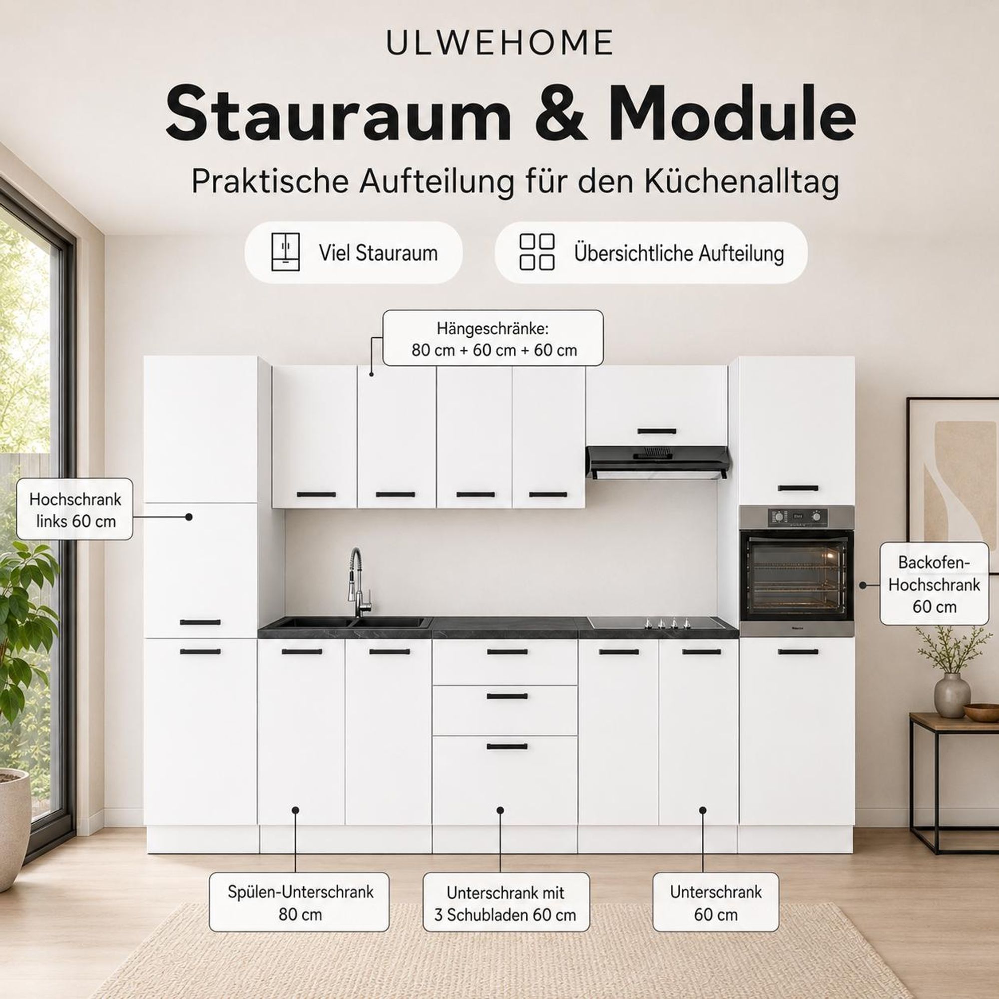 Küchenzeile Weiß matt 320 cm mit 2 Hochschränken & Schubladen