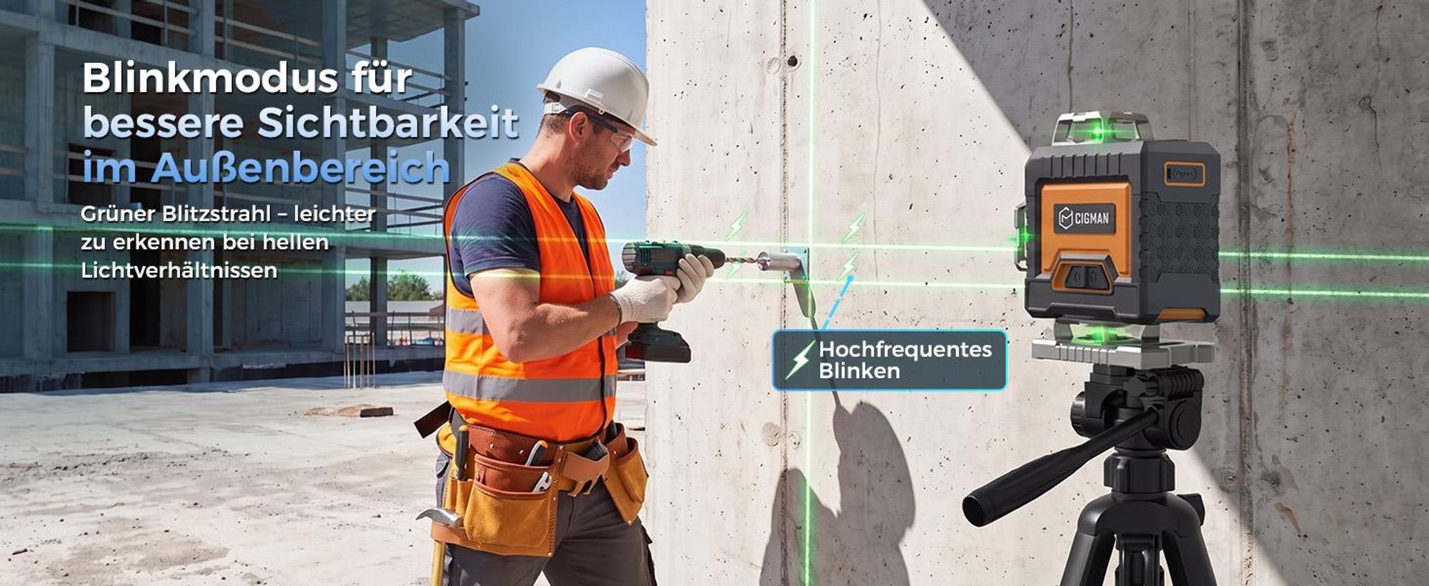 CIGMAN CMG16 Kreuzlinienlaser 4 x 360 Grad – App Steuerung, Grün, IP54