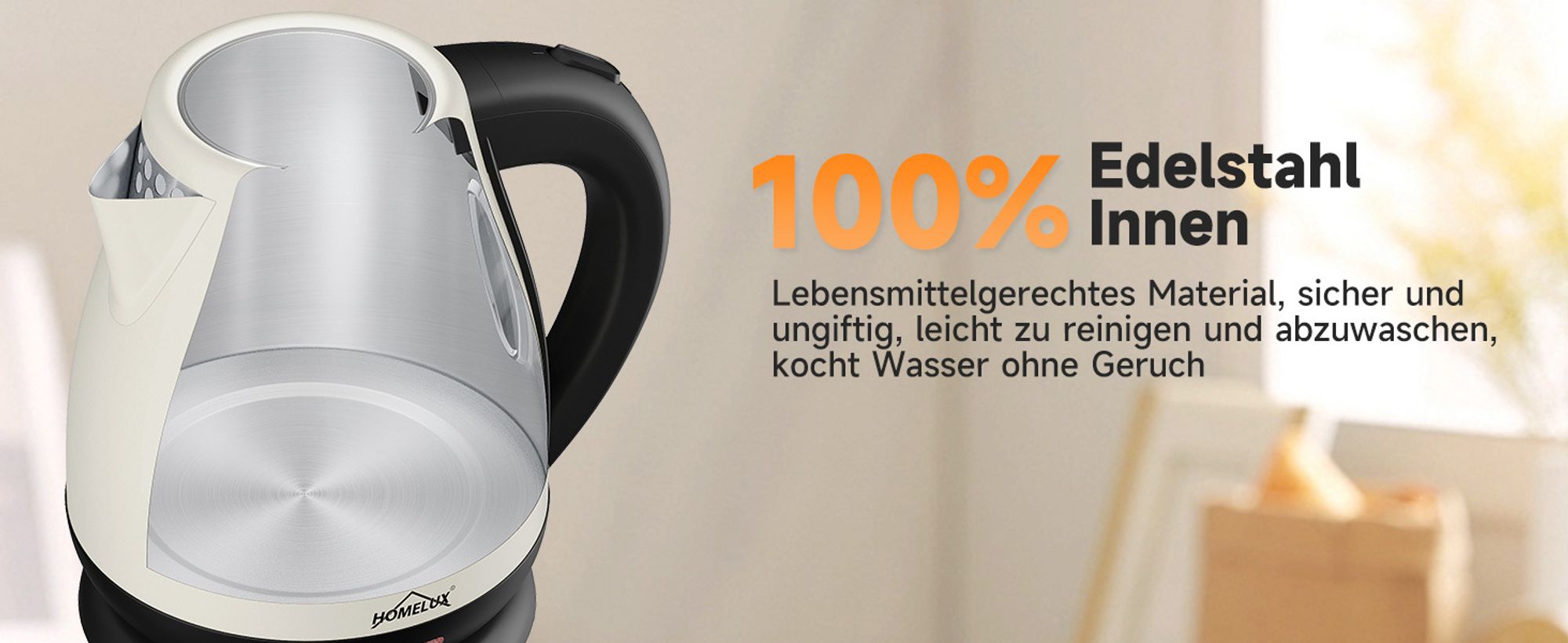 HOMELUX 1,7L Wasserkocher Edelstahl 2200W Retro Wasserkocher Elektrischer mit Analogem Thermometer & sichtbarer Wasserstand, LED-Beleuchtung, Silber