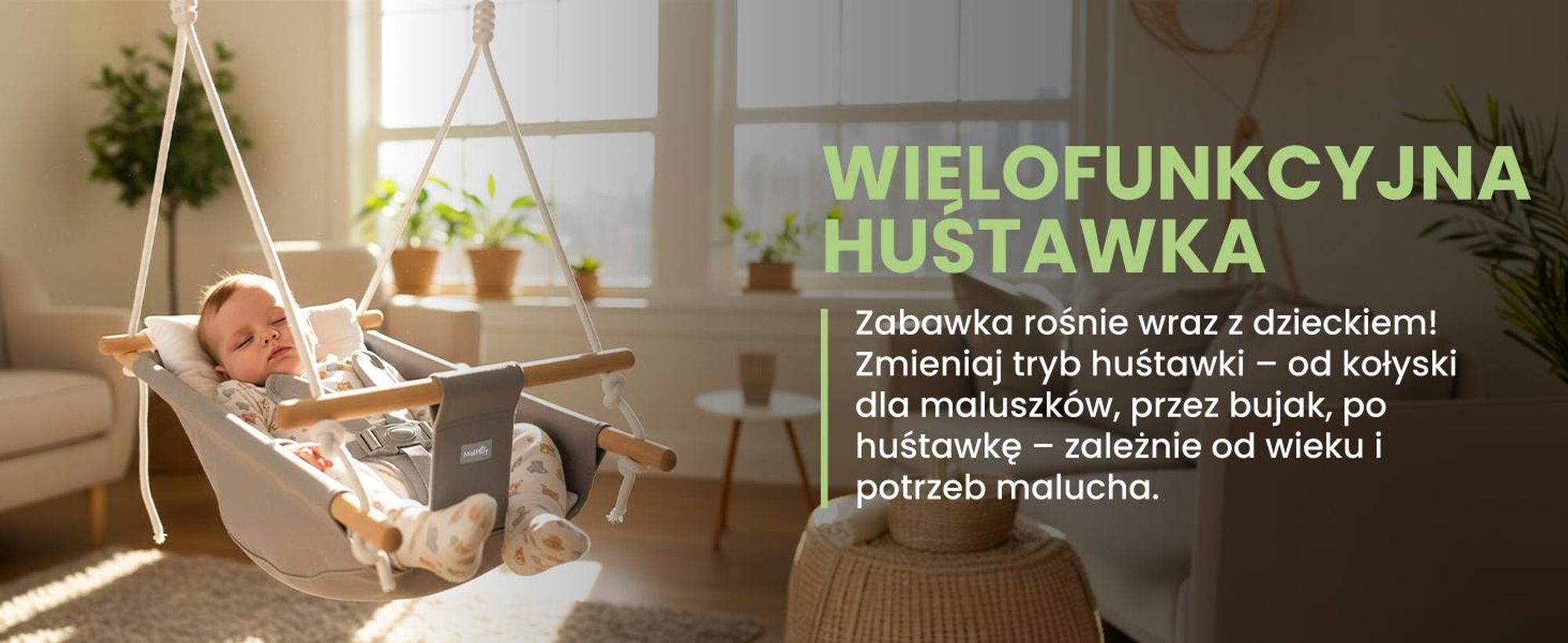 Huśtawka dla niemowląt, hamak, leżaczek Malplay 3 w 1 z regulowanym pasem bezpieczeństwa do 60 kg, Malo Wave, szaro-biały