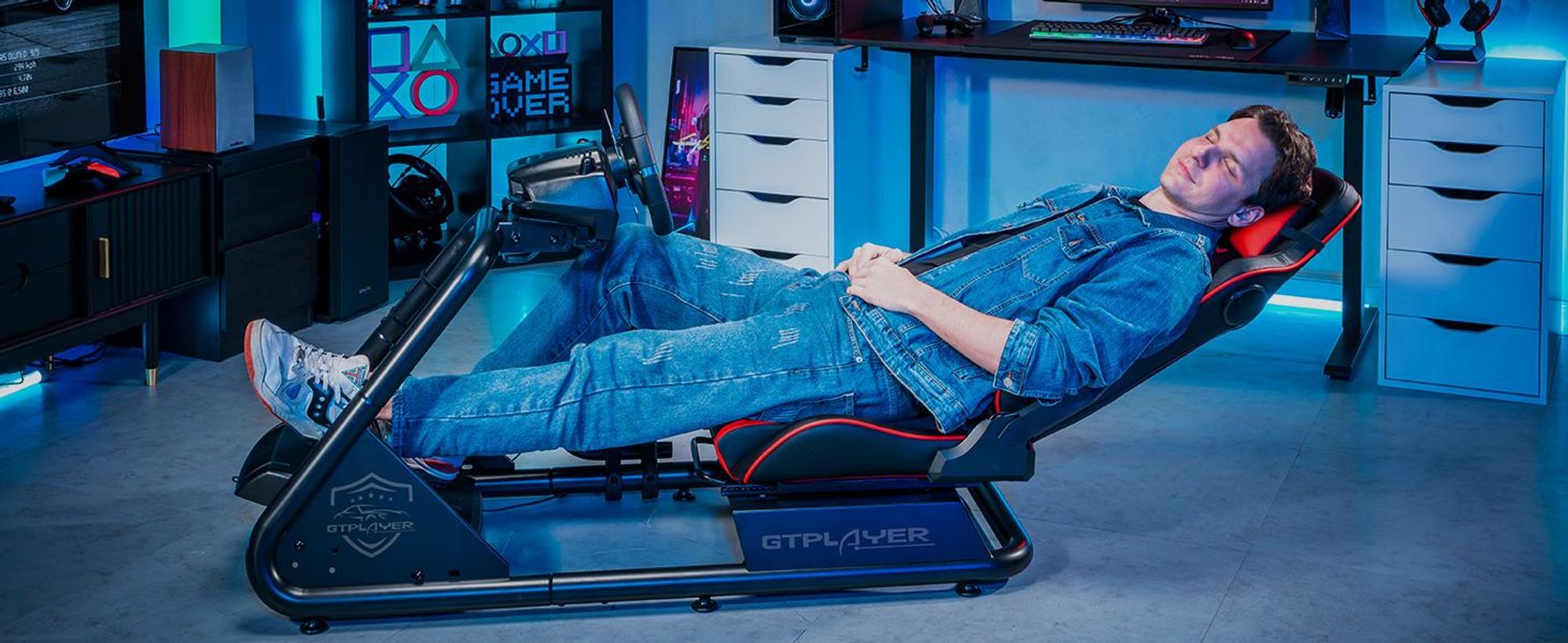 GTPLAYER cockpit simulatore, cockpit da corsa SIM, supporto volante simulatore di corse sedia da gioco supporto volante da corsa con altoparlante Bluetooth e vassoio pedaliera