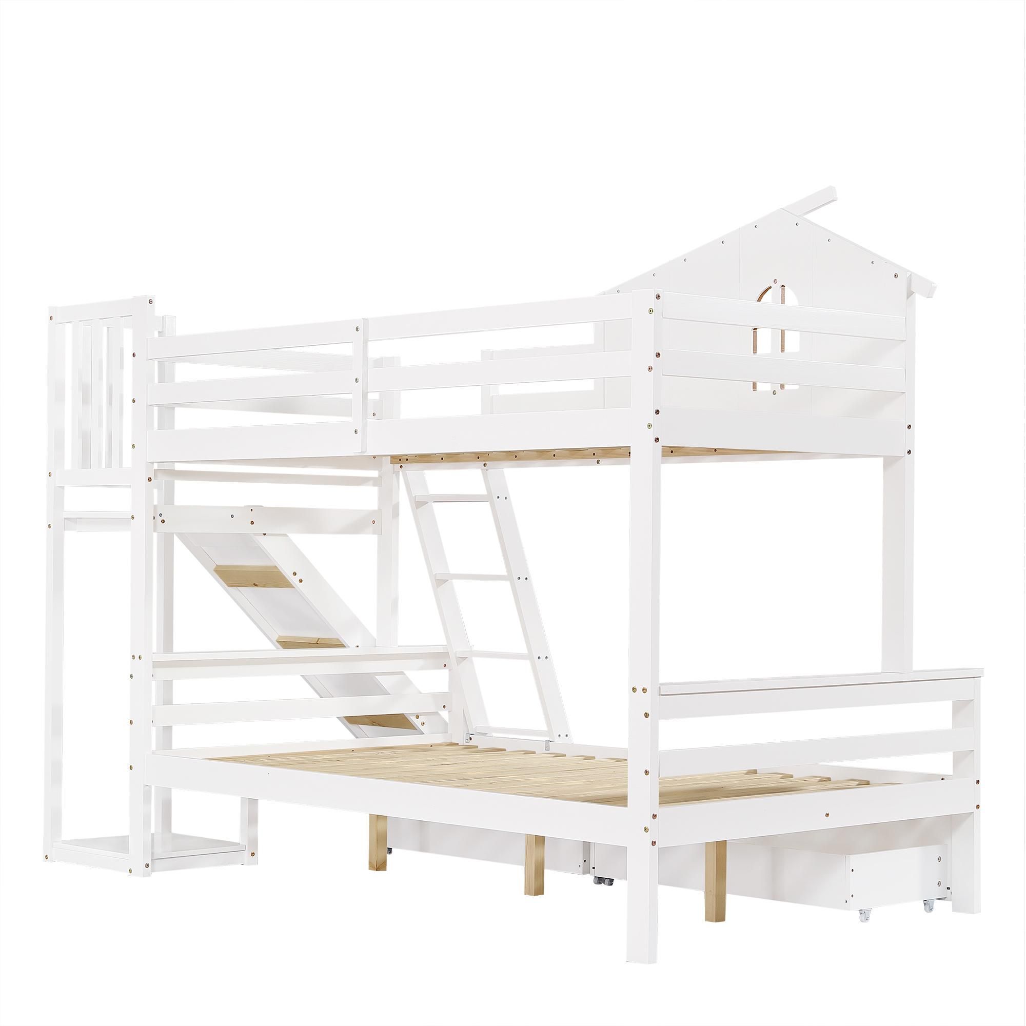 Flieks Etagenbett 90x200/120x200 mit Lattenrost, Kinderbett mit Rutsche und Leiter, Hochbett mit 2 Schubladen, Hausbett Holzbett Stockbett, Weiß