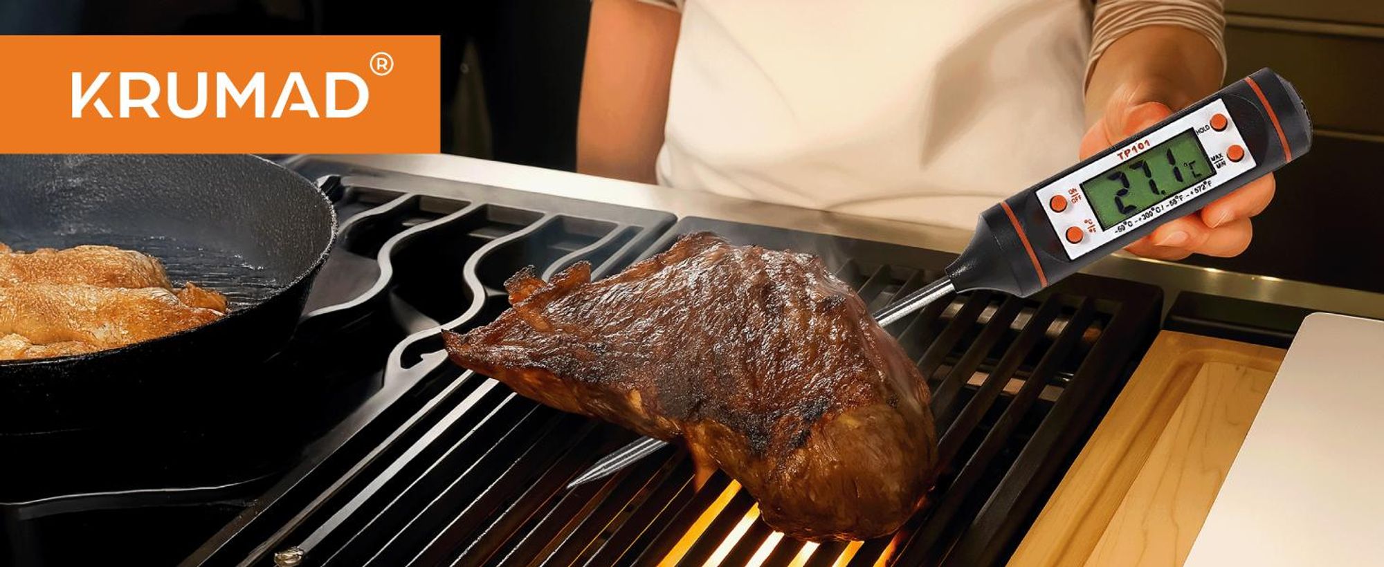 KRUMAD Digitales Küchenthermometer – Fleischthermometer mit Edelstahlsonde – Präzises Lebensmittelthermometer für Grill, Braten & Küche – Messbereich