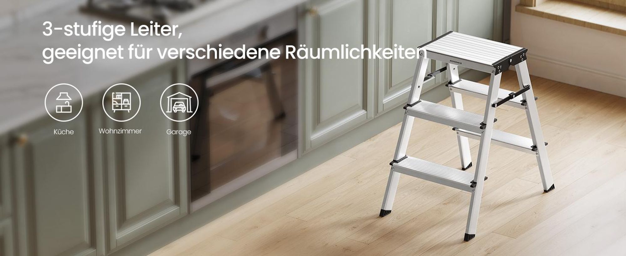 SONGMICS Leiter, Trittleiter, Aluleiter mit 3 Stufen, Stehleiter, bis 150 kg