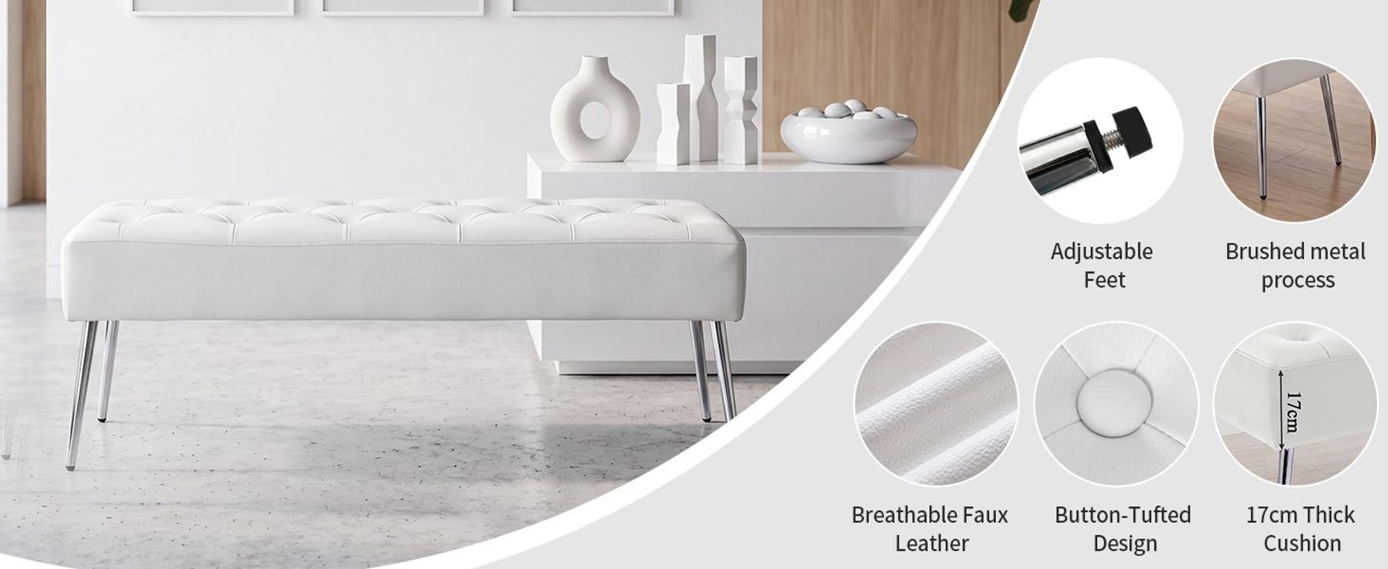 Duhome zitbank van kunstleer, gestoffeerde bank, make-up krukje, make-up tafel. Kleur: wit, materiaal: kunstleer