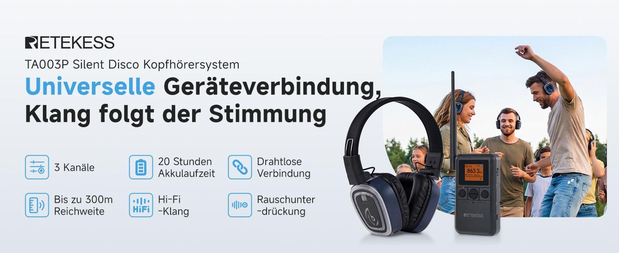 Retekess TA003P-TA004S Kopfhörer für Team-Fitness, Yoga, Freihändig, Hi-Fi-Audioqualität, 12H, Verstellbare Ohrmuscheln, Geeignet für Stille Disco