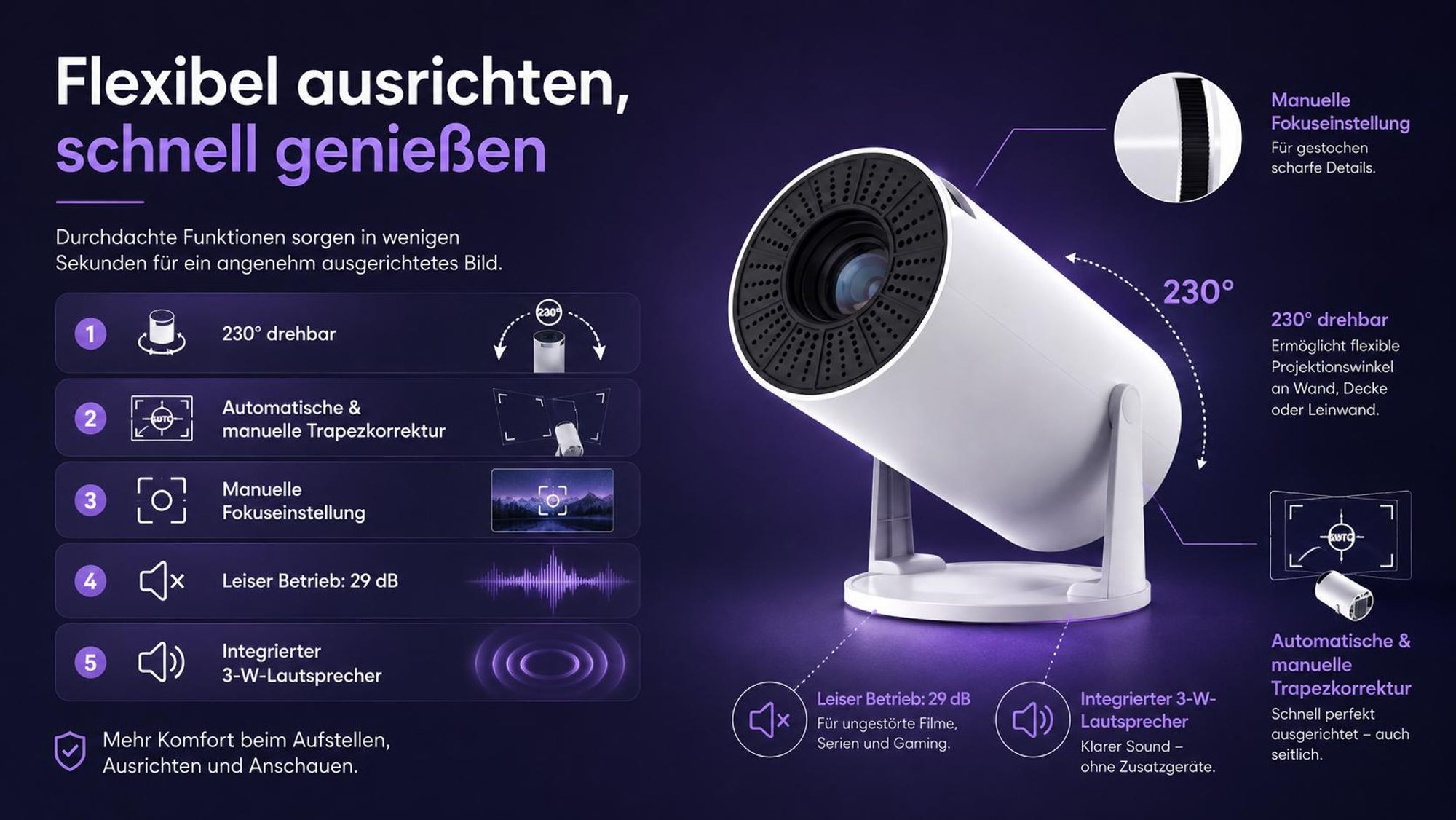 Kiano Relax Projektor Mini Tragbarer Beamer Smart TV, Trapezkorrektur, 1280x720, Android/iOS, 140 ANSI, Android, DLNA, Wi-Fi