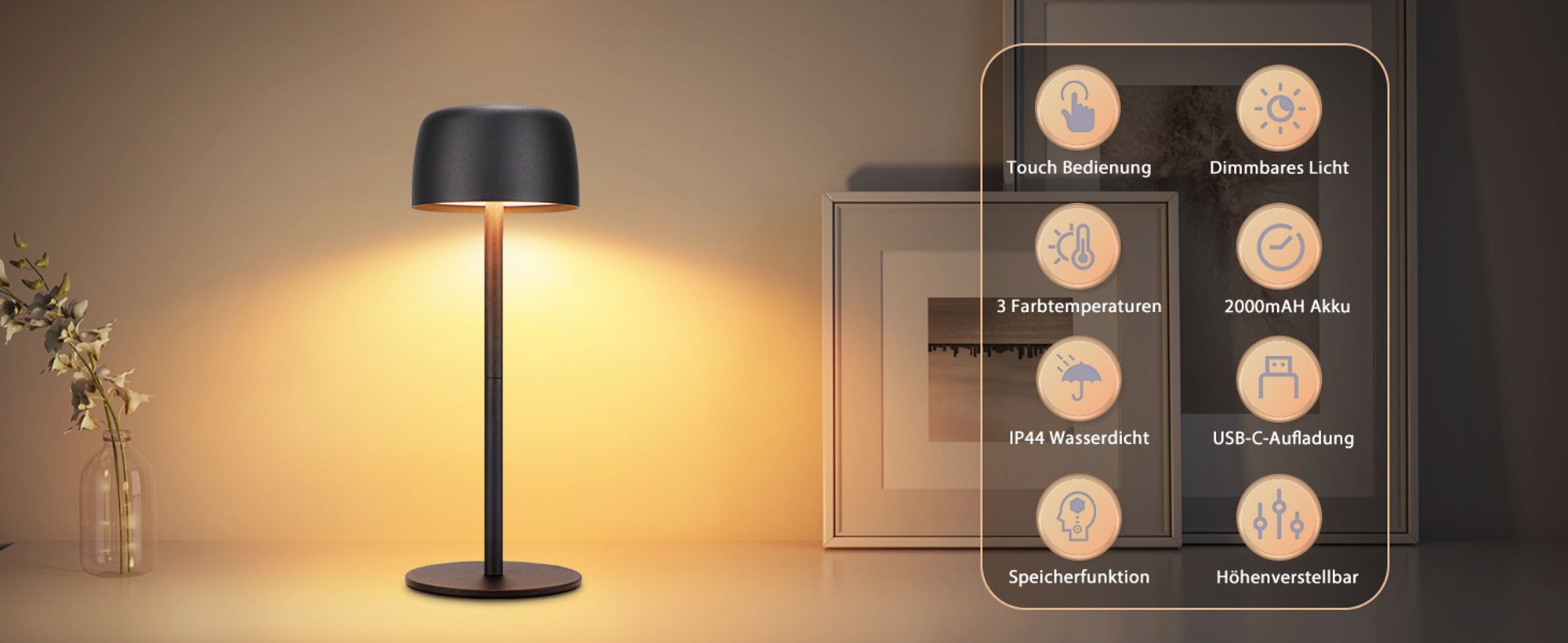 ZMH LED nachttischlampe Kabellos Tischlampe Touch Dimmbar Tischleuchte mit 3 Farbtemperaturen Höhenverstellbar USB Aufladbar Akku Wasserdichte Schwarz