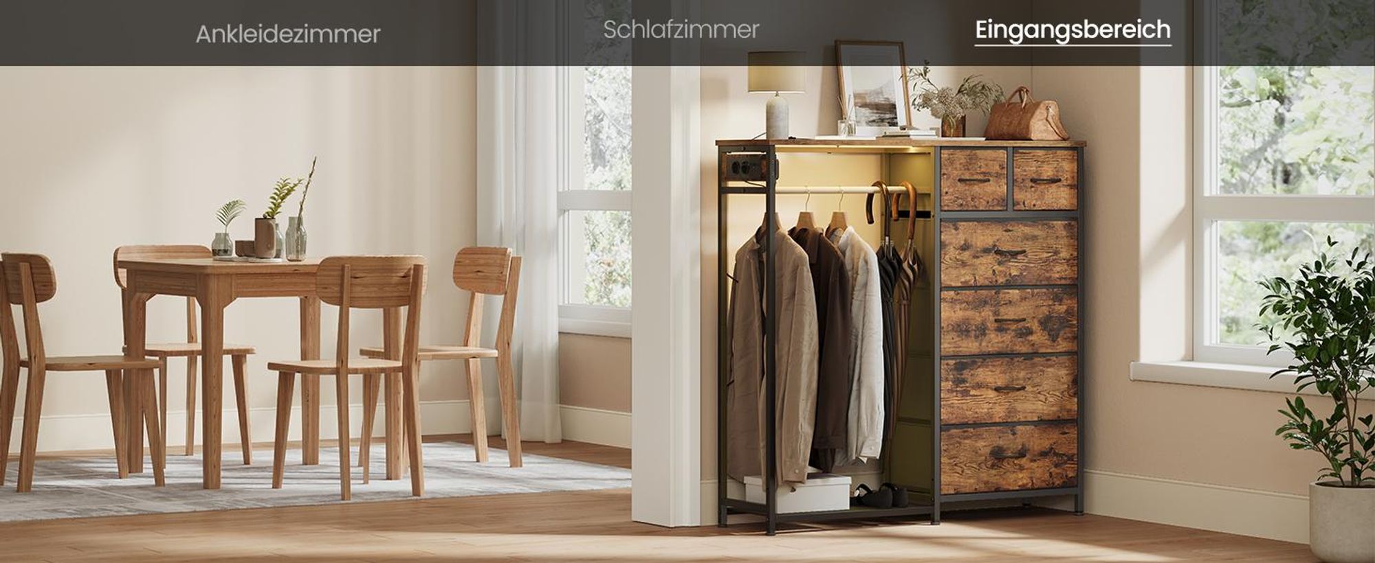 SONGMICS Kleiderständer mit 6 Schubladen, LED-Licht, Steckdosen und Schuhablage, 102,7 x 35 x 117,6 cm, Braun