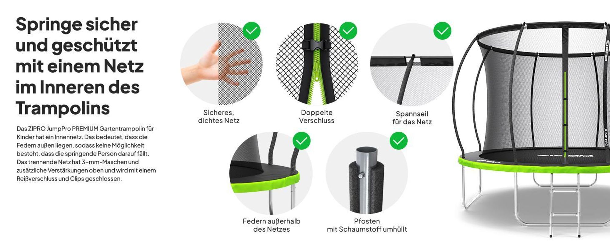 ZIPRO Trampolin Jump Pro Premium | 10FT Ø 312 cm | Gartentrampolin Kindertrampolin Komplett-Set inkl. Netz, Leiter & Randabdeckung, Outdoor, Grün