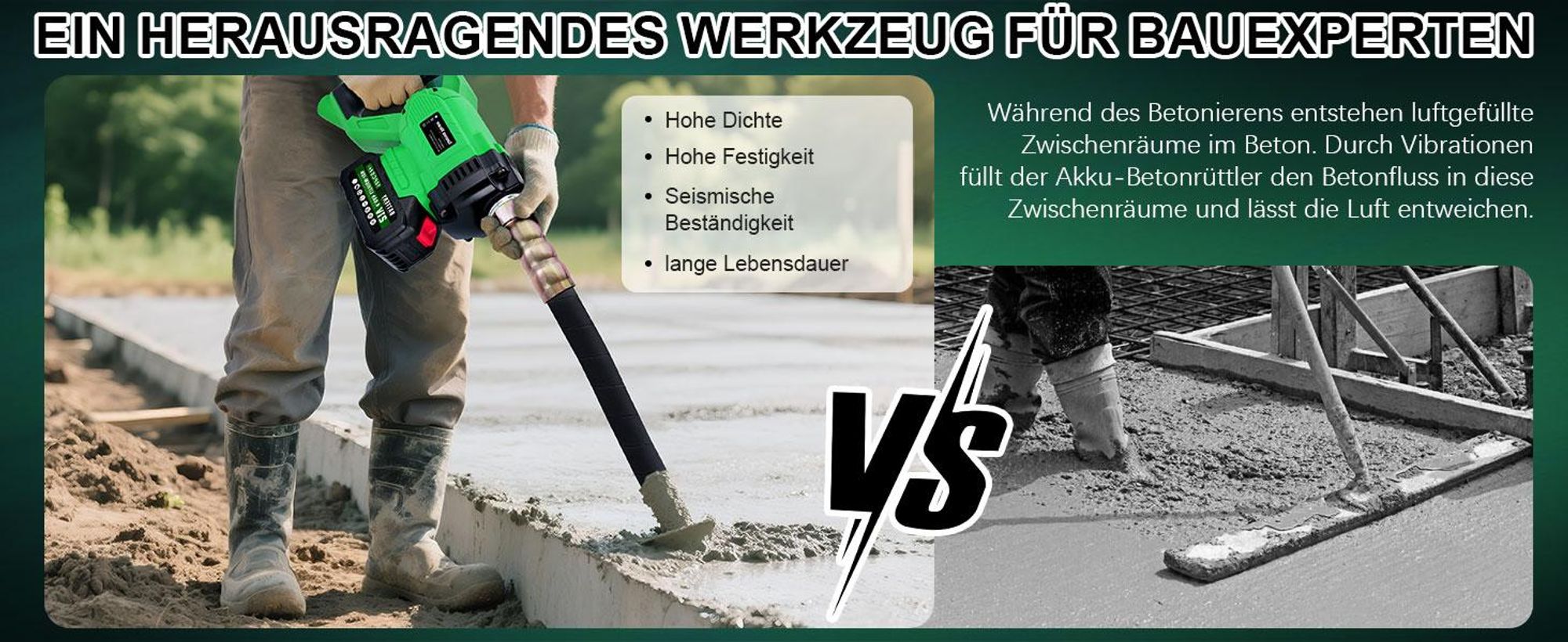 Akku Betonrüttler mit 4,0Ah-Akku, 6000U/min 850W Bürstenlos Betonverdichter mit 2 m Schlauch, Ø 35mm, Flaschenrüttler Kompatibel mit Makita 18V Akku
