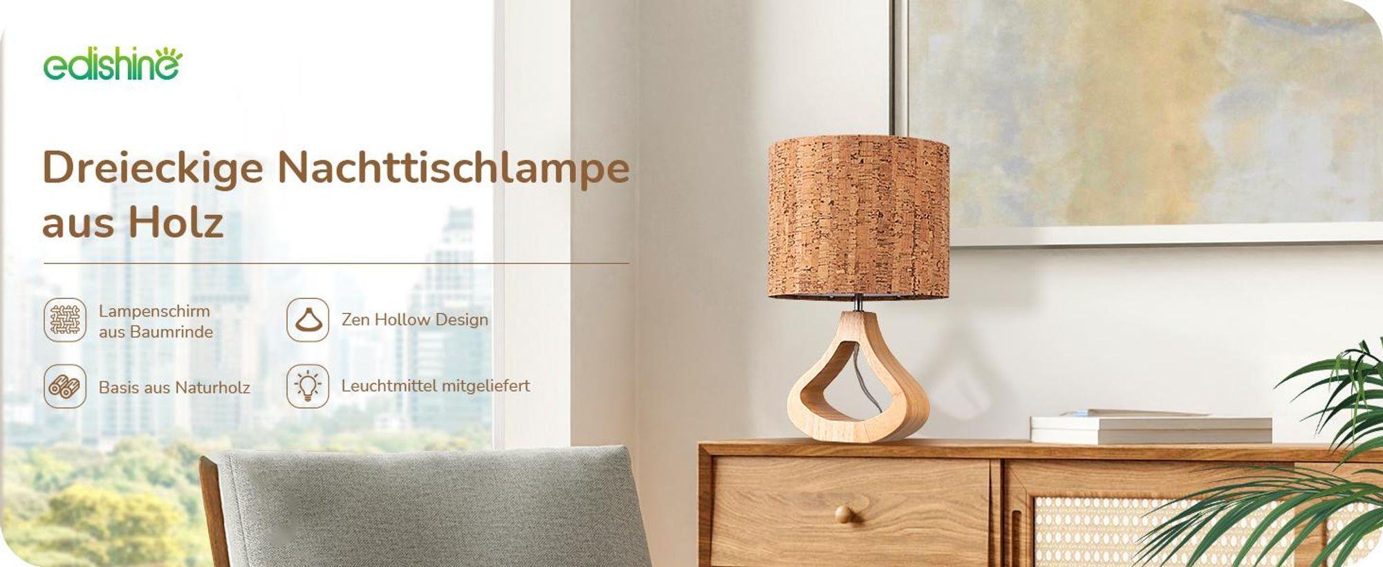 EDISHINE Nachttischlampe Holz, Tischleuchte in Rindenoptik, inkl. LED-Birne, 34 cm