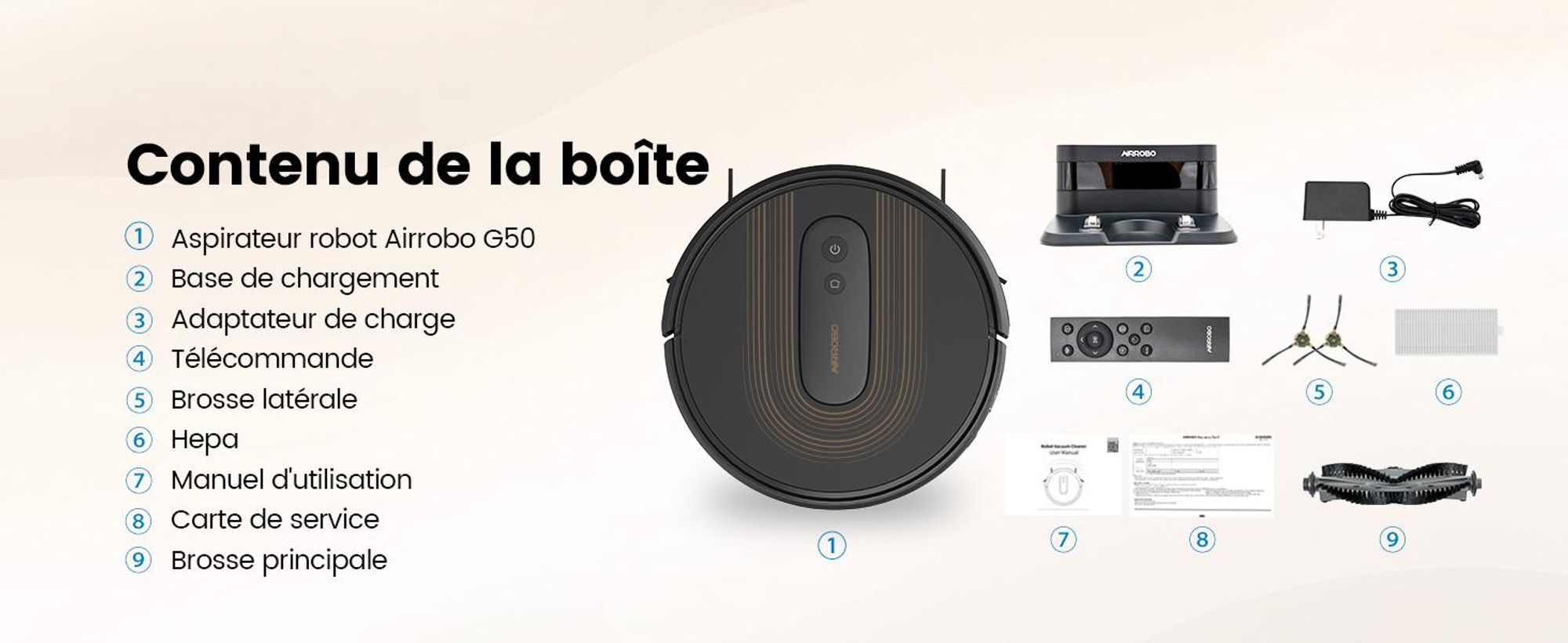 Robot aspirateur AIRROBO G50, puissance d'aspiration de 4 000 Pa,via application, autonomie de 120 minutes, grand bac à poussière de 600 ml, robot aspirateur optimisé pour les tapis et les poils d'animaux