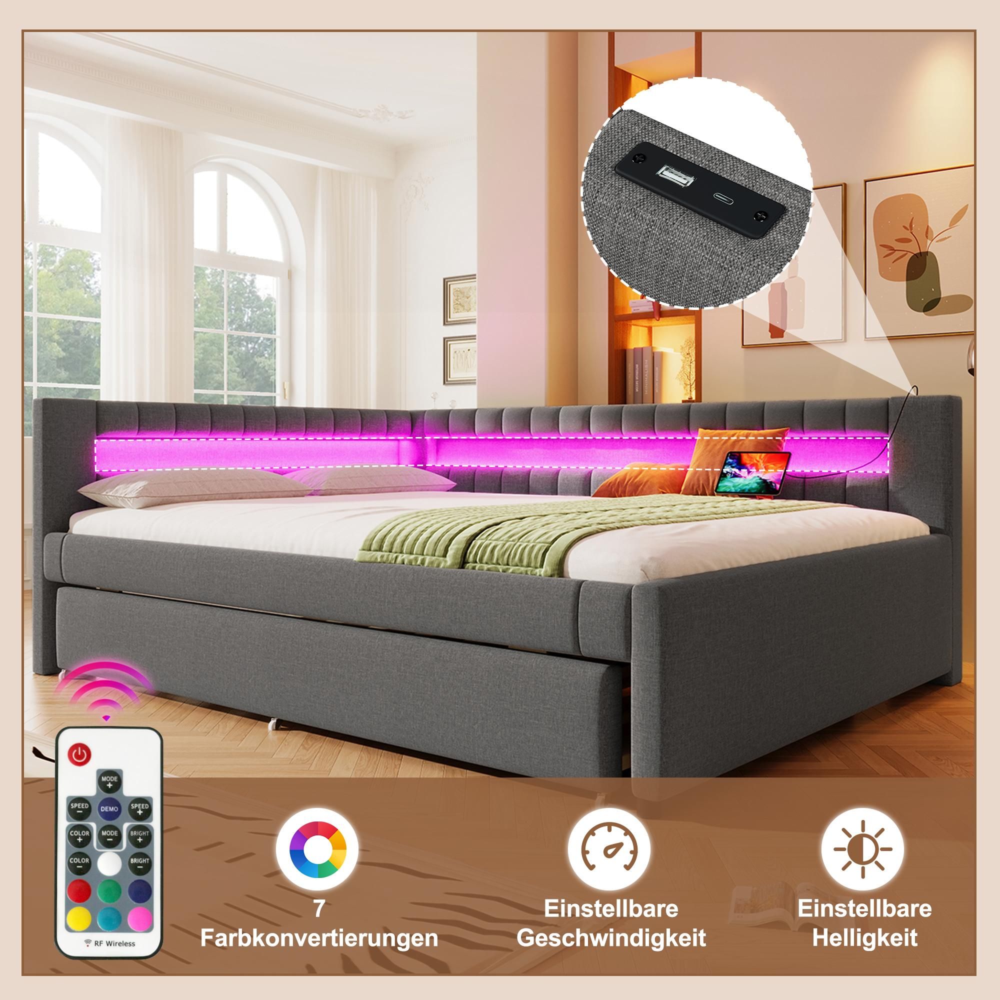 Merax Tagesbett Daybett 140x200 cm, mit Ausziehbett 90x190 cm, LED, USB und Type-C, Schlafsofa, Schlafsofa, Grau