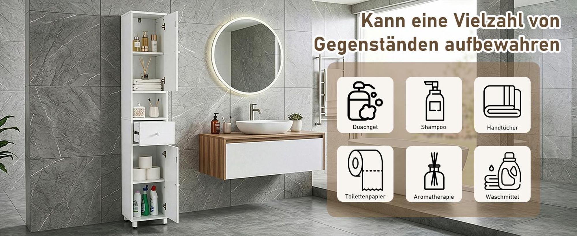 FCH Badezimmerschrank, Badschrank, Hochschrank mit 2 Türen, Schublade und verstellbaren Ablage, 30x30x170cm, Weiß
