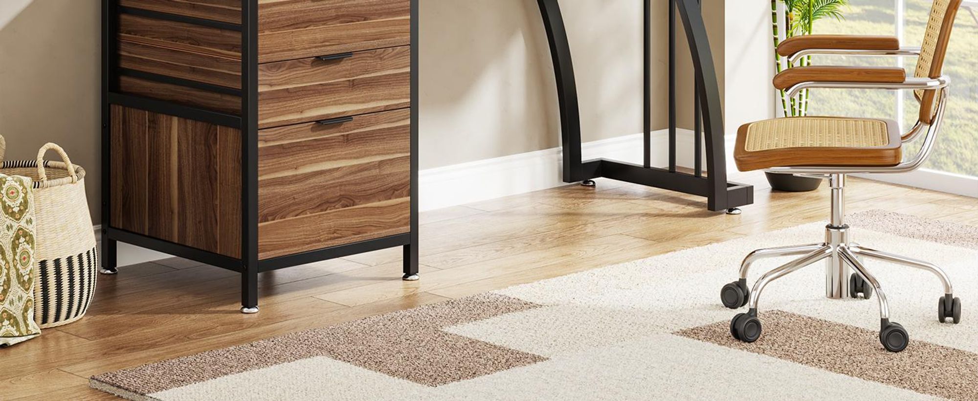 Tribesigns Schreibtisch 3 Schubladen, 150 cm,Industrial, mit Ablage für Akten, Homeoffice Schreibtisch mit großer Arbeitsfläche, Metallrahmen,Nussbaum