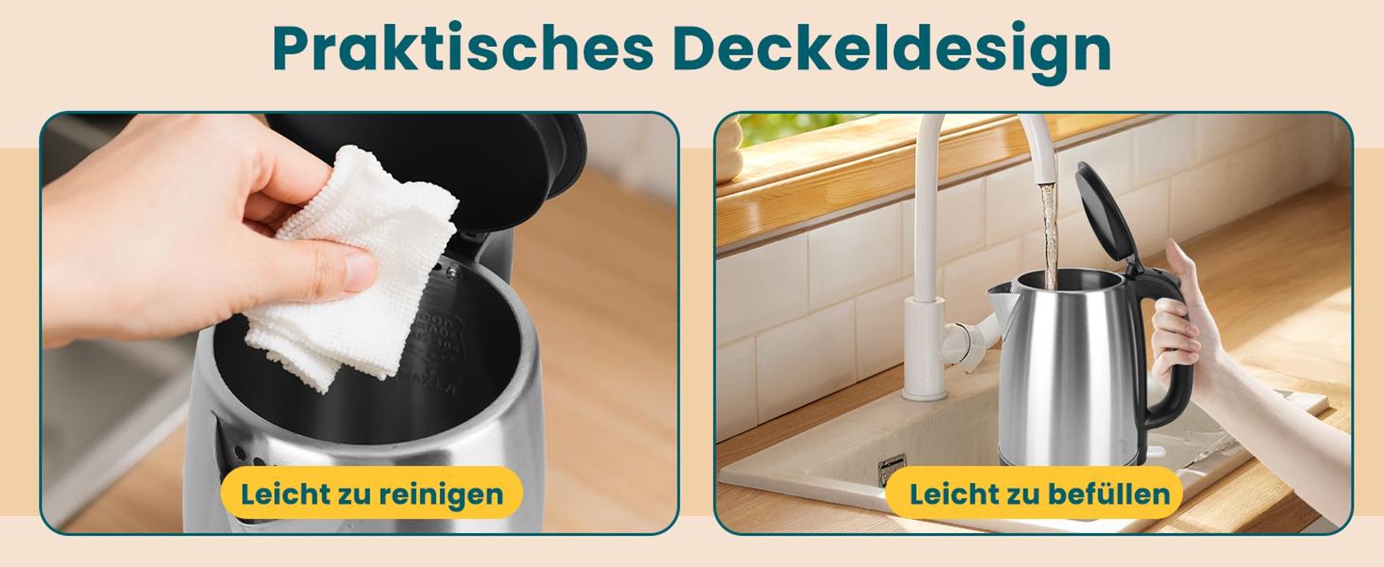 Aigostar 30LYF/300104LYF Schnurloser Wasserkocher, Edelstahlgehäuse, 1,7 l FÃ1/4llmenge, 2200 Watt, 360° Sockel, Trockengehschutz, Abschaltautomatik