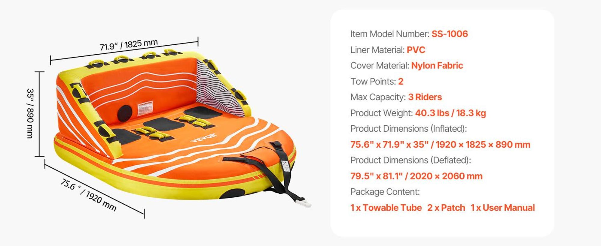 VEVOR Fun Tube Set zum Bootfahren, Aufblasbare Schleppboote für 1–3 Personen, 231 kg Wassersport-Schleppschlauch zum Ziehen von Booten – mit Haltegriffen, Schlepppunkten und Sicherheitsventil