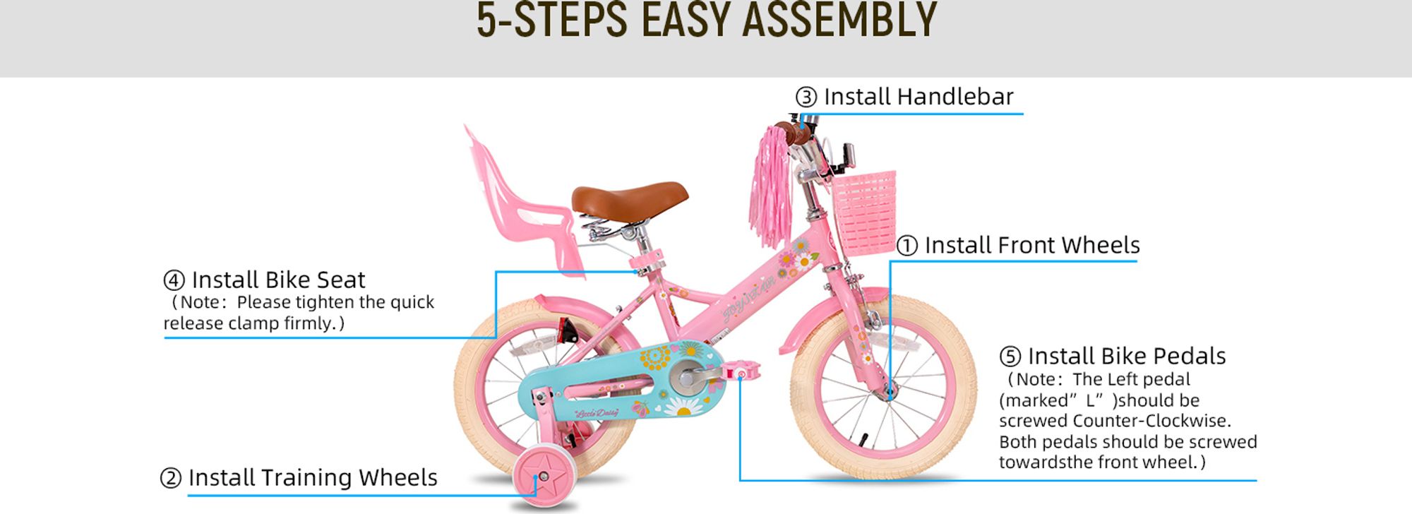 HILAND Joystar 16 Zoll Kinderfahrrad mit Stützrädern, Puppenfahrradsitz, Luftschlangen, Korb, Klingel, DIY-Aufklebern, Schutzblechen, für Mädchen,Blau
