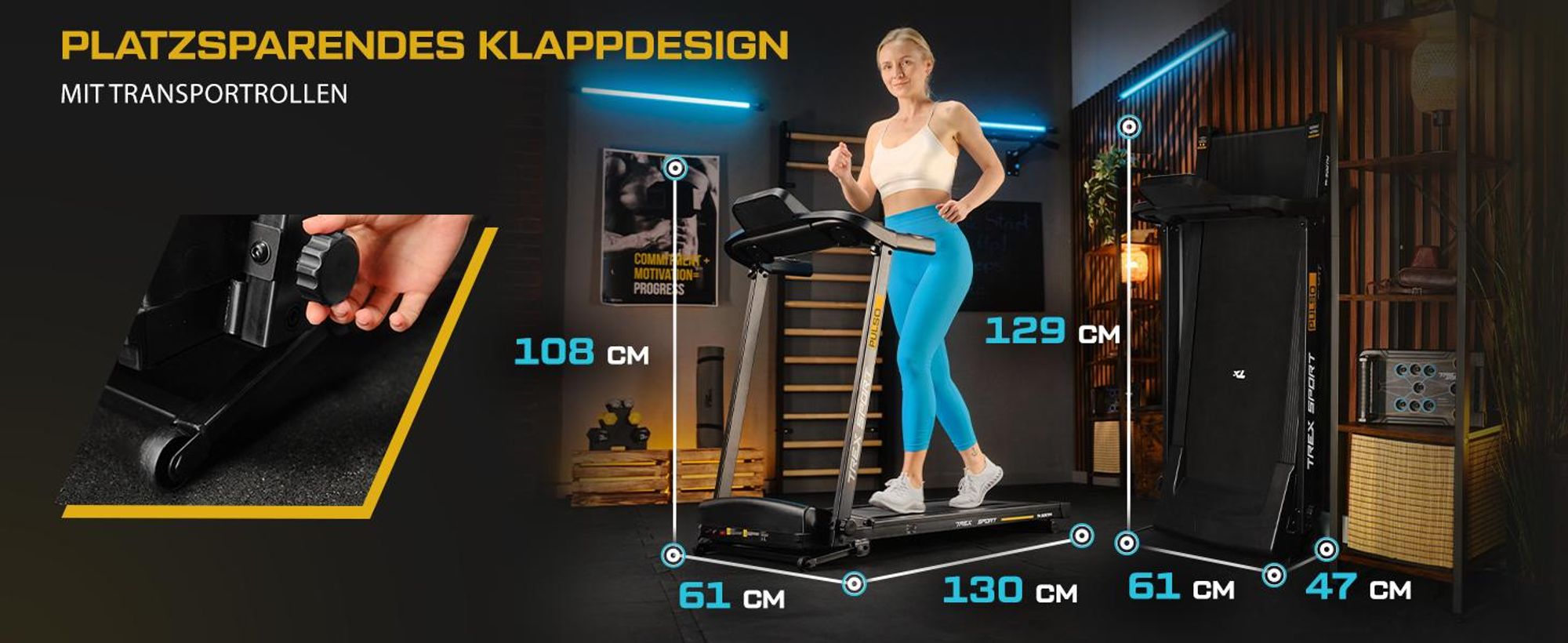 TREX SPORT Laufband für zuhause klappbar elektrisch TX-500TM PULSO | Treadmill mit LCD-Display, Bluetooth, bis 12 km/h, 12 Programme mit Pulssensoren