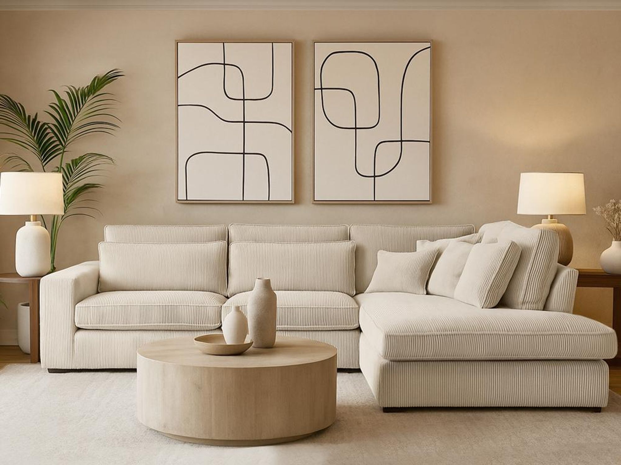 BEAUTYSOFA | Designer - Ecksofa PARMA, L-Form Eckcouch mit Ottomane rechts, Modernes Sofa Velours Soft Touch in Creme mit Kissen
