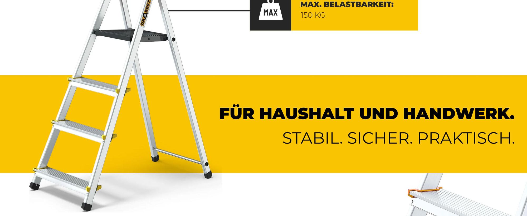 Drabest | Leiter - Stehleiter - 4 Sprossen - bis zu -150kg - Haushaltsleiter + Ablage, Arbeitslänge 2,75m