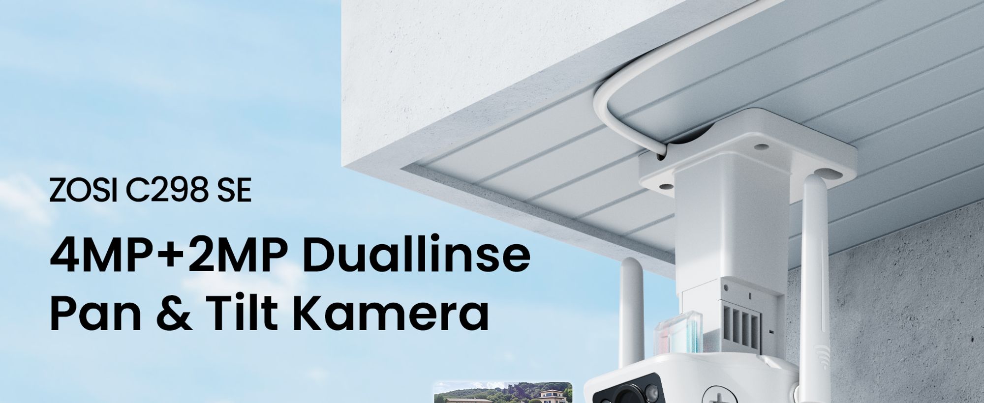 ZOSI 4MP+2MP Aussen WLAN Überwachungskamera mit Doppelobjektiv, 2.4GHz WiFi Pan/Tilt Kamera, 2-Wege-Audio, Personenerkennung und Verfolgung, C298 SE