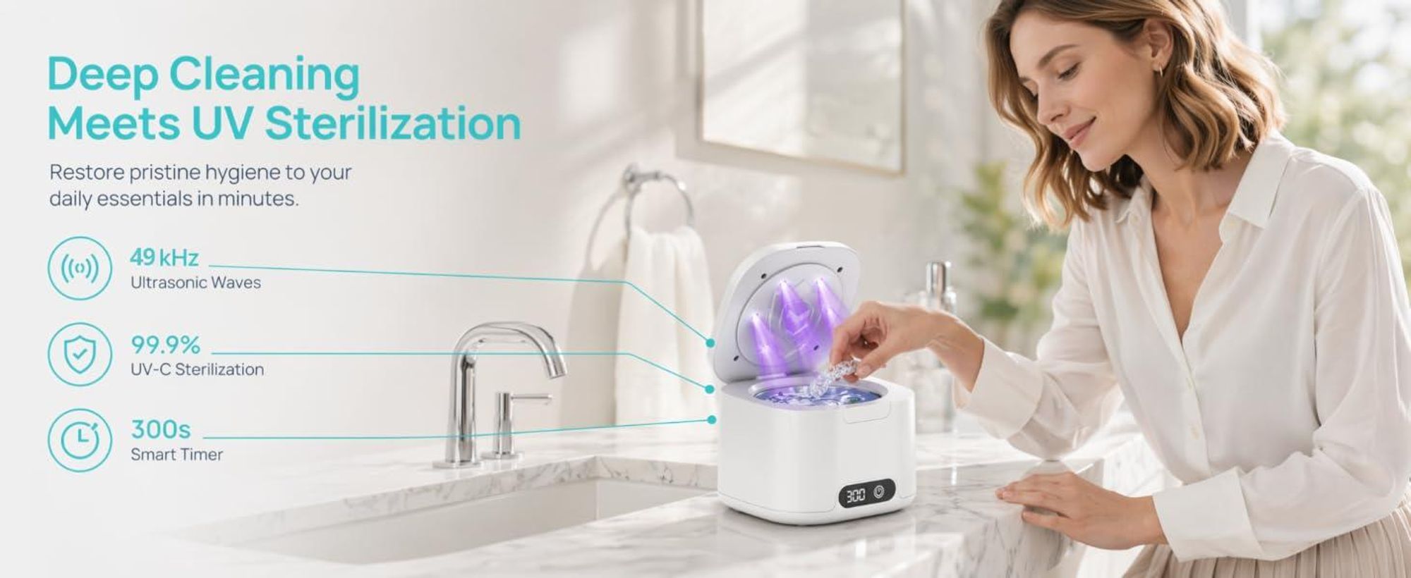 Ultraschallreiniger 49 kHz mit UV, 340 ml – für Zahnspangen, Retainer & Schmuck