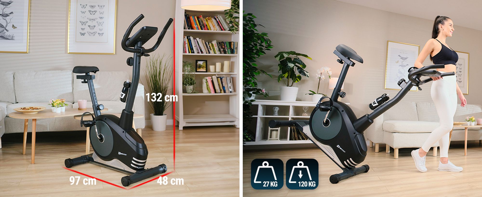 Hop-Sport Heimtrainer Fahrrad Spark Silber für Zuhause magnetischer Hometrainer mit verstellbarem Sitz & Lenker, Pulssensoren, LCD-Display - bis 120kg