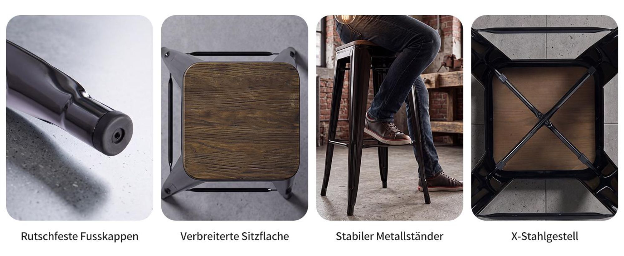 4x Stuhl Hocker Metall Farbwahl Used Look Sitzfläche Holz Barhocker stapelbar, Farbe:Schwarz+Dunkles Holz , Material:Metall