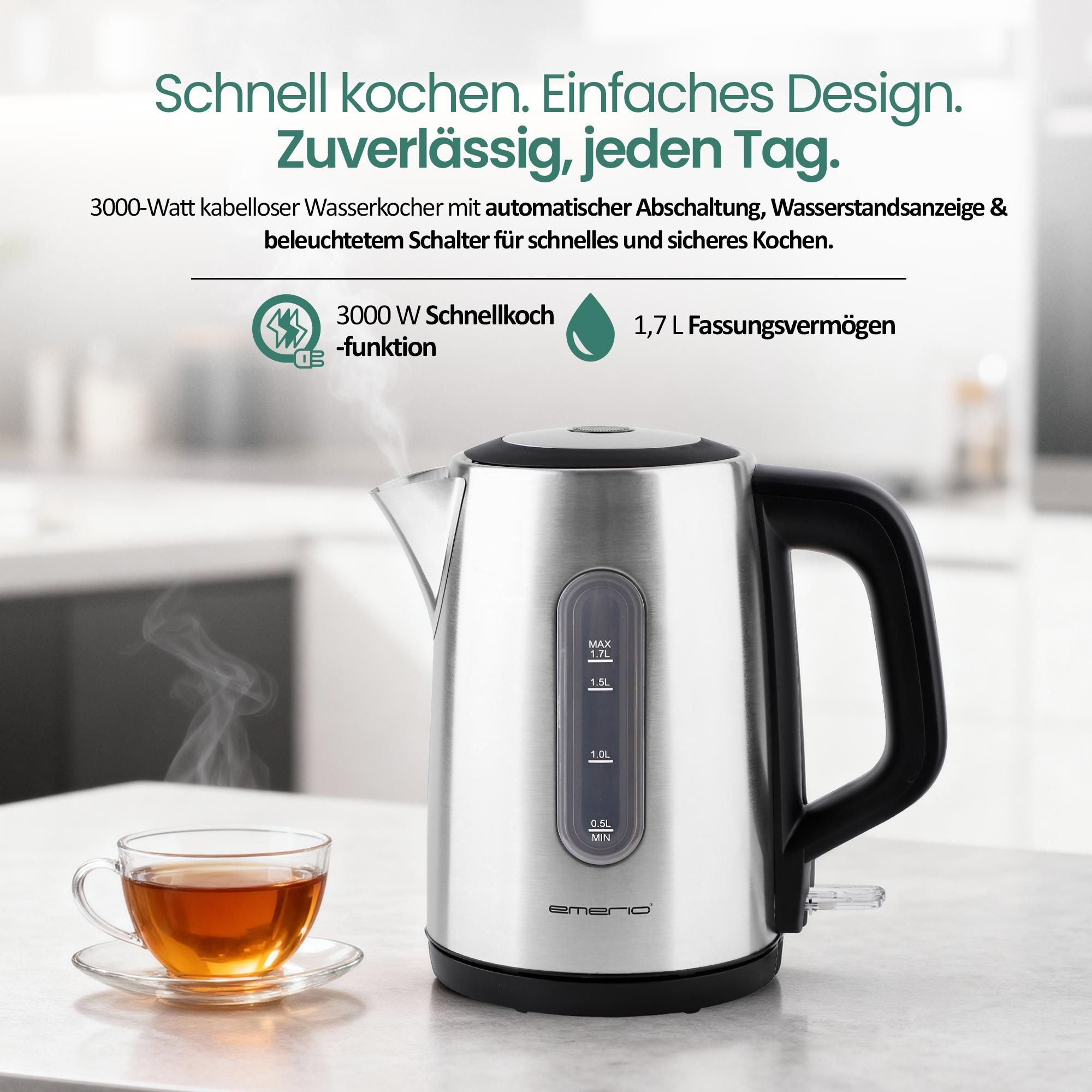 Emerio Wasserkocher 3000 W – 1,7 L – Wasserstandsanzeige – Verdecktes Heizelement – Automatische Abschaltung – 360° kabelloses Design – WK-133040