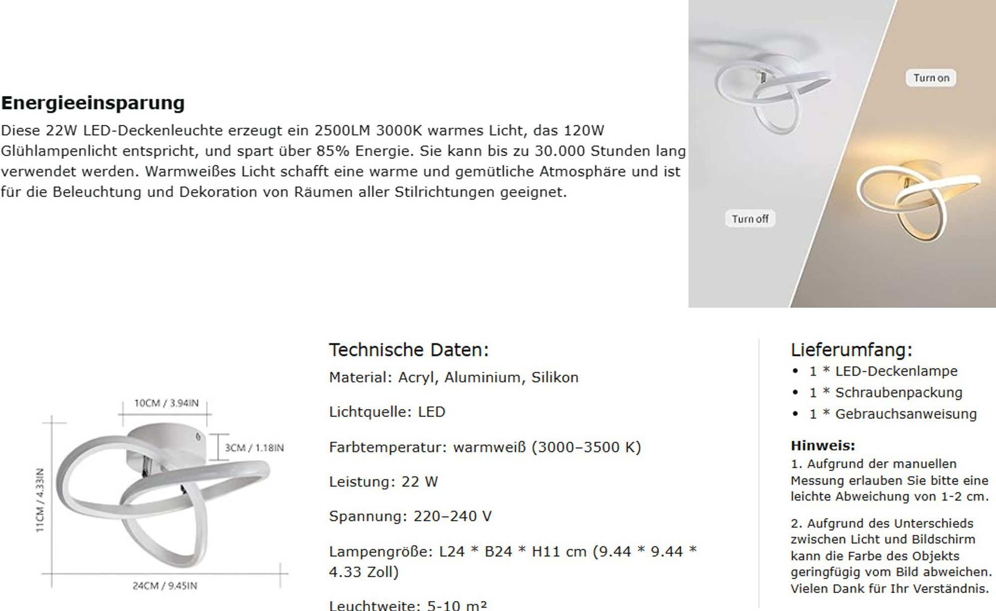 LED Deckenleuchte, 22W 2500LM Deckenlampe 3000K Warmweiß, Moderne Deckenleuchte aus Aluminium LED Lampe Weiß für Wohnzimmer Schlafzimmer Flur Küche