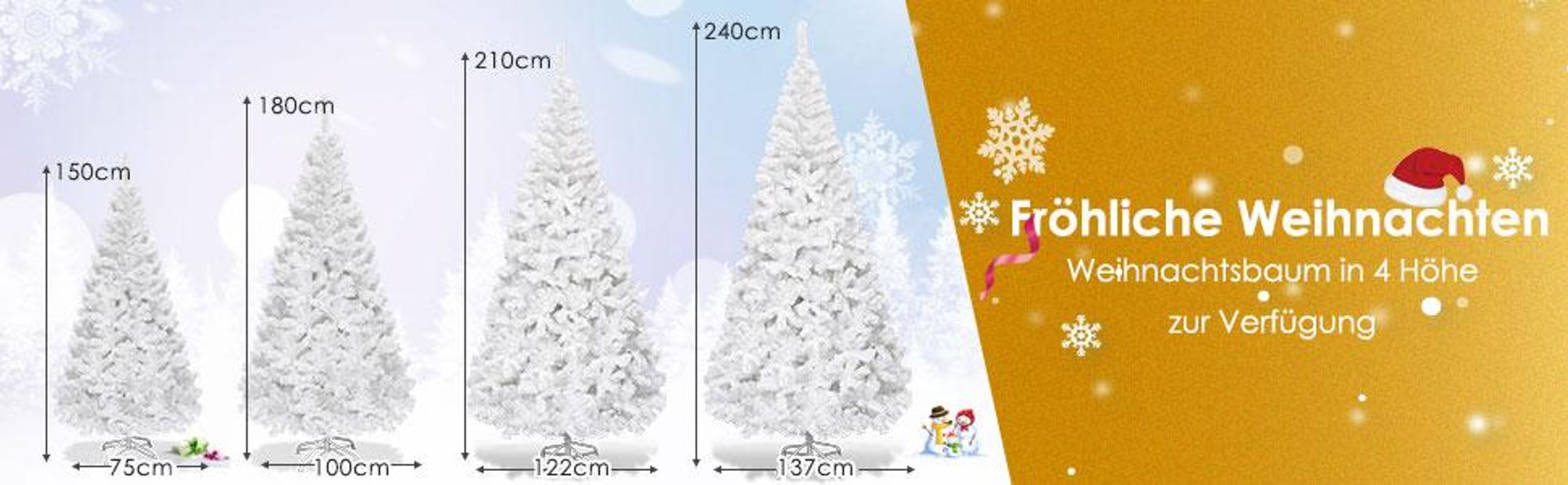 COSTWAY 240cm Künstlicher Weihnachtsbaum mit 1138 Spitzen, PVC Nadeln & Metallständer, Tannenbaum, Christbaum ideal für Zuhause, Büro & Geschäfte, weiß