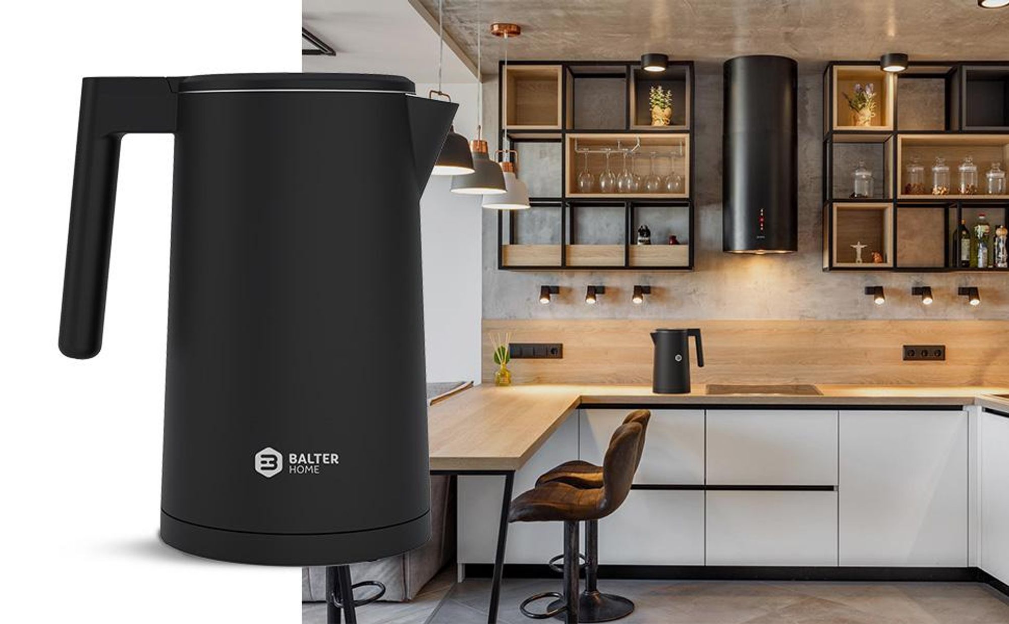 Balter Wasserkocher Edelstahl mit Temperatureinstellung 1,7L, 2200W, BPA-frei, LED-Anzeige, Temperaturwahl 40°C-100°C, Abschaltautomatik, Schwarz