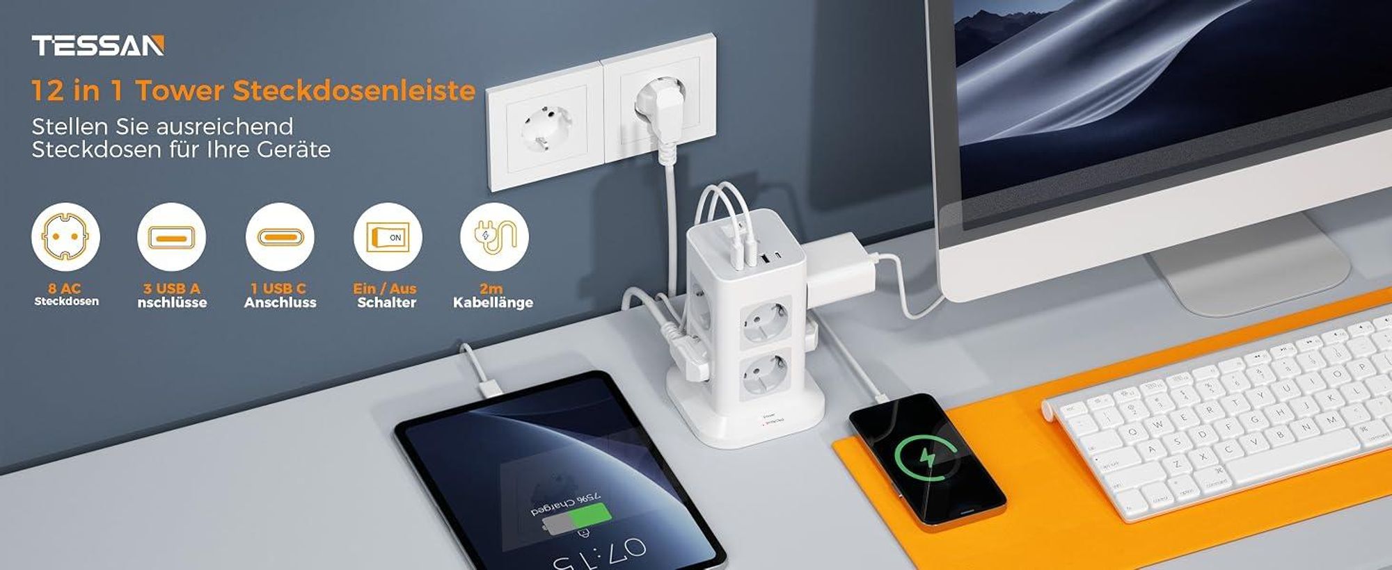 TESSAN 8 Fach Mehrfachsteckdose mit 1 USB C und 3 USB A Verlängerungskabel 2M Überspannungsschutz 3600W