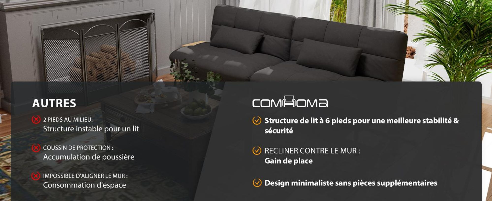 COMHOMA Canapé convertible avec fonction sommeil, housse Futon Canapé pliant, canapé-lit, canapé d'angle, canapé-lit d'appoint, canapé 3 places, avec dossier réglable en tissu, noir