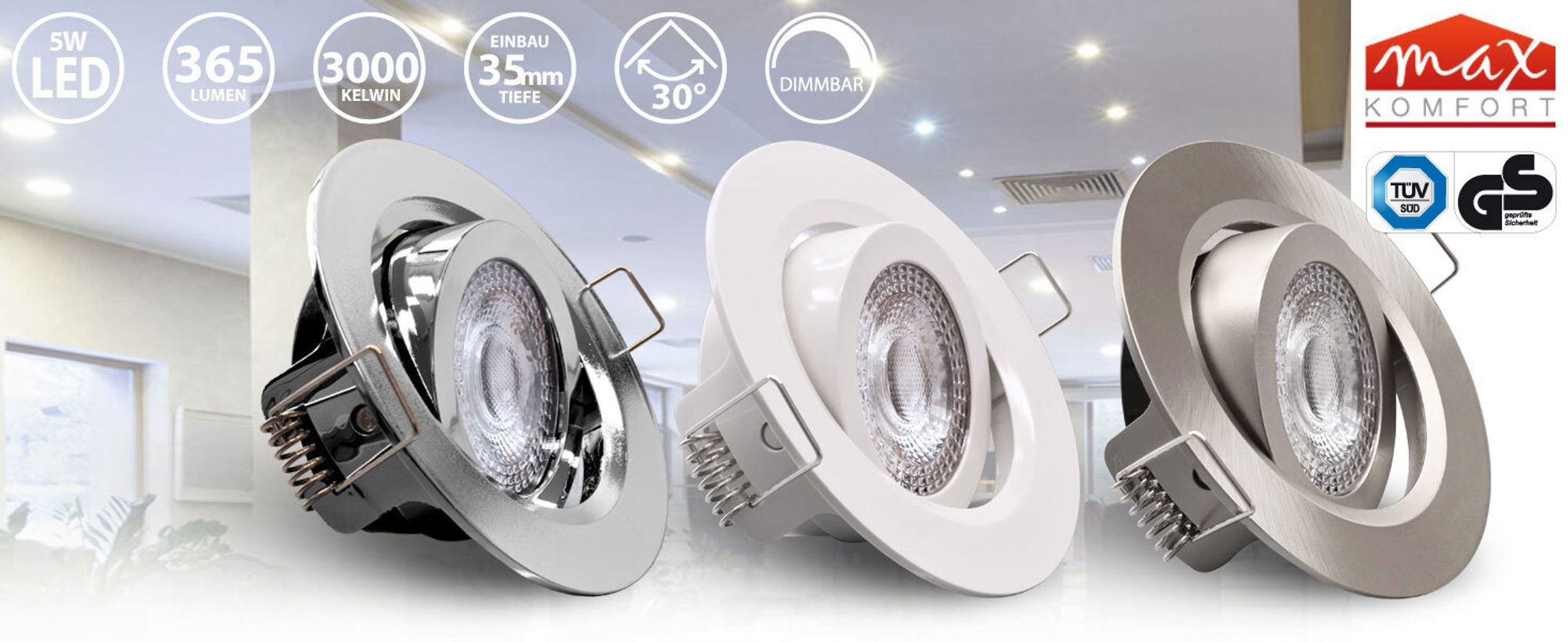 12x LED Einbaustrahler dimmbar Ultraflach 5 Watt Weiß schwenkbar 230V Rund warmweiß IP20 Deckenstrahler Spot Deckenspot Lumax SL-90