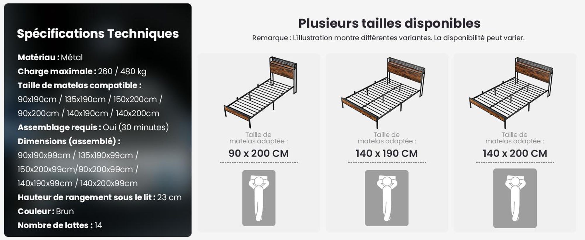 Lit 90 x 200 cm, sommier avec tête de lit à rangement et éclairage LED, 3 ports USB et 1 port Type-C, 14 rangées de lattes métalliques, espace de rangement sous le lit, marron