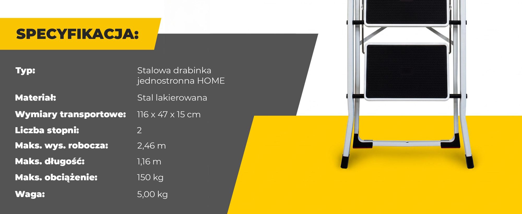 DRABEST | Drabina 2-stopniowa, nośność 150 kg, rozkładana, wolnostojąca, dwustopniowa, drabina - seria PRO