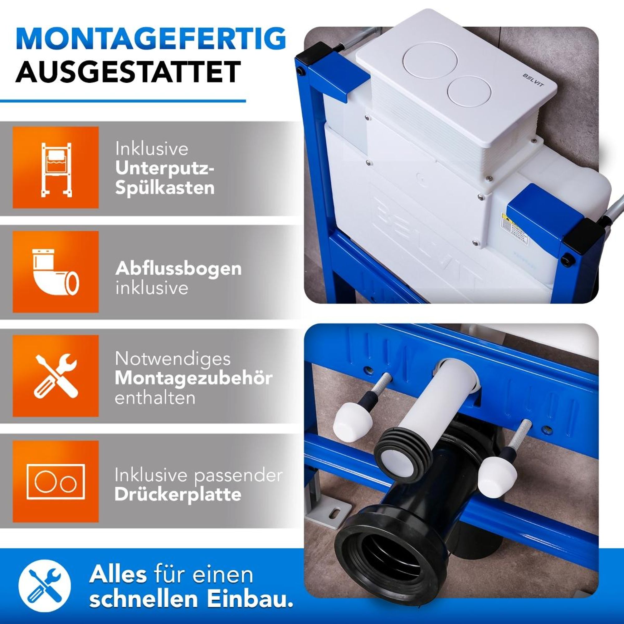 BELVIT Vorwandelement 75-82 cm für WC Trockenbau inkl. Spülkasten und Drückerplatte
