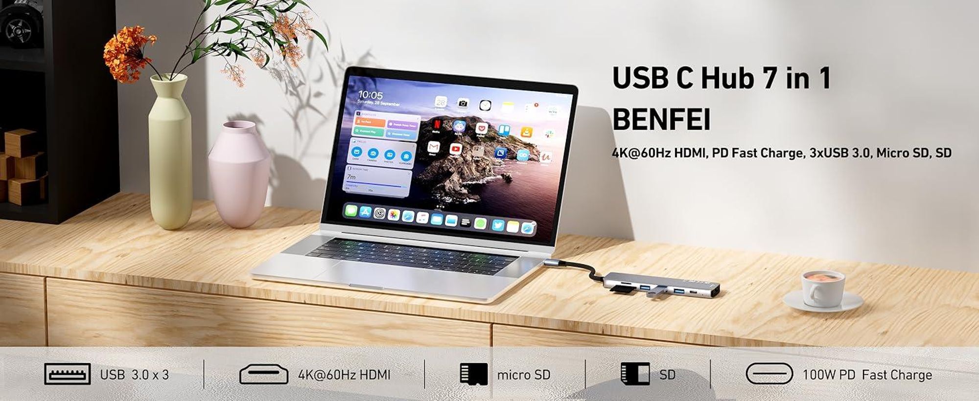 BENFEI Hubs USB C Hub 7in1 mit HDMI 4K 60Hz und 100W PD