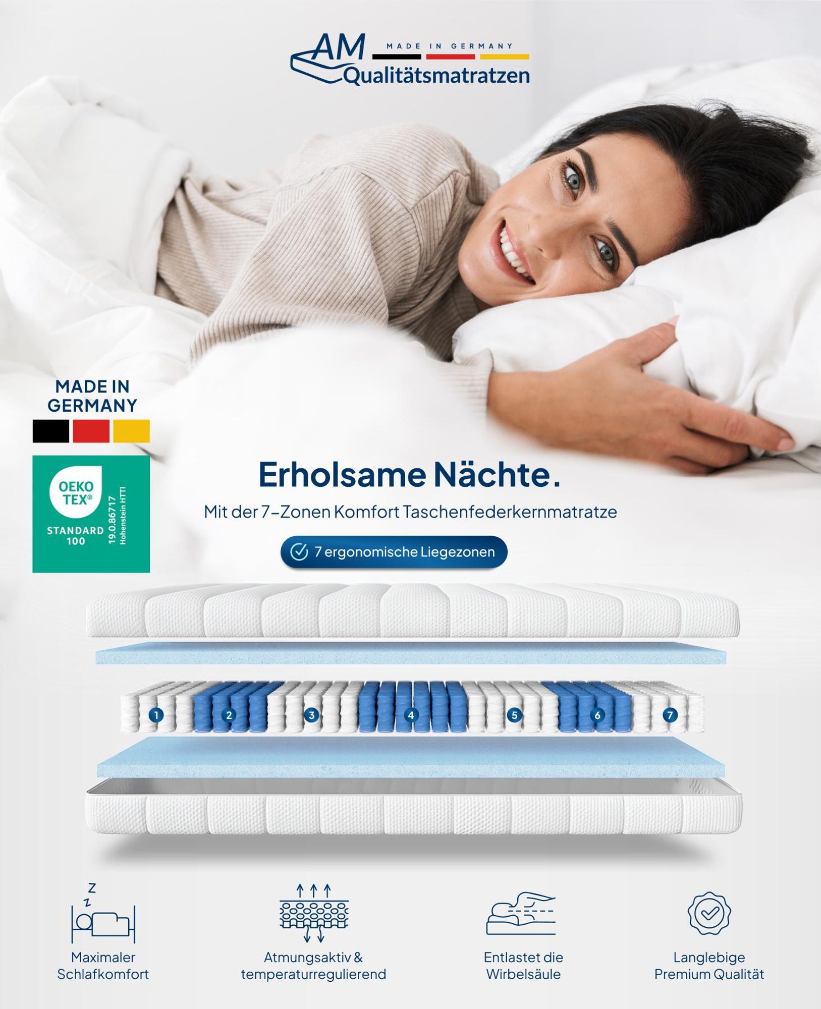 AM Qualitätsmatratzen | Ergonomische 7-Zonen Taschenfederkernmatratze 200x200 cm | Federkernmatratze H4 | 200/200 | Härtegrad 4 | Germany | 21 cm Höhe | Waschbarer Bezug | T)