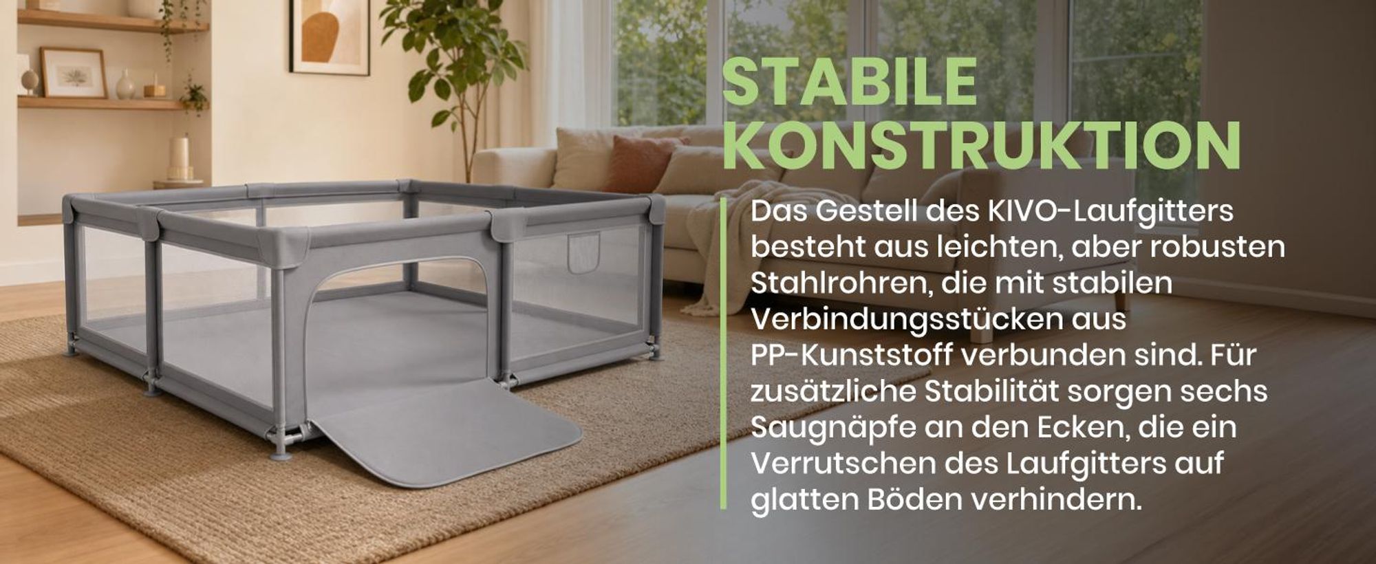 Laufstall Baby Laufgitter mit Netzwänden 150x180cm Reißverschluss Saugnäpfen Schaumstoffschutz