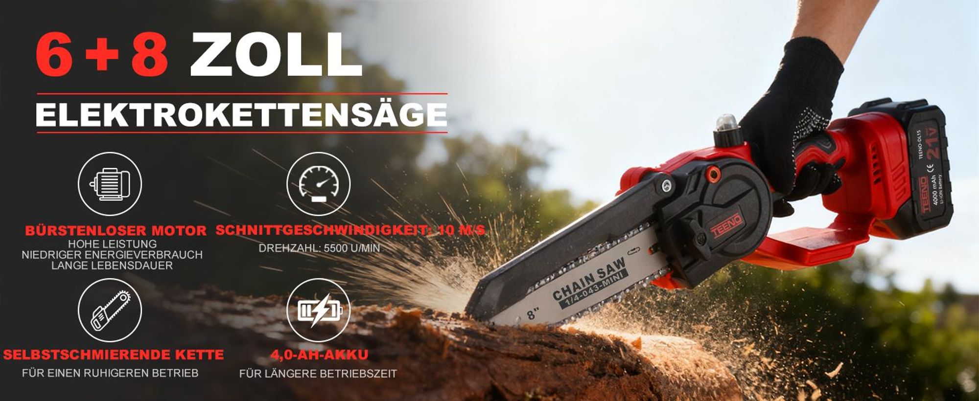 TEENO Akku Mini Kettensäge 6&8 Zoll 2-in-1, 6 Ketten (3×6"+3×8"), Bürstenloser Motor, 2×4000mAh Li-Ion Akku, 5500 U/min, Leicht & Tragbar für Garten