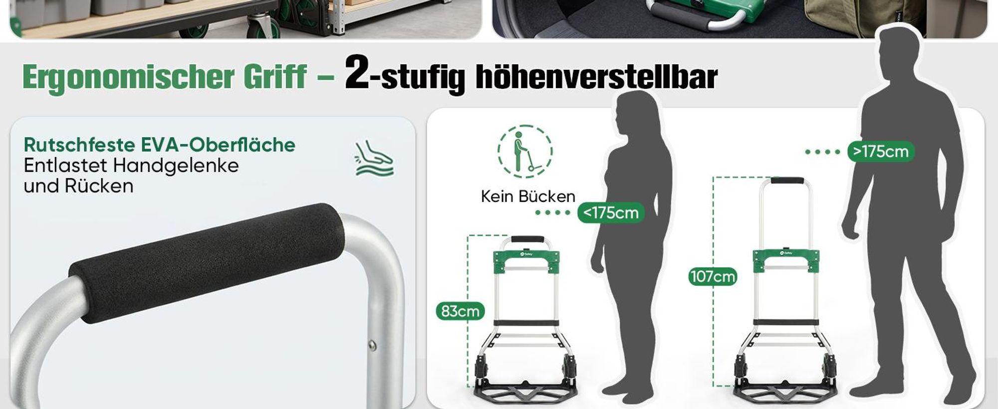 Sekey Sackkarre 150kg Klappbar Transportkarre XXL Anti-Rutsch Plattform 2 Expanderseile verstärkter Alurahmen höhenverstellbar 77/107cm stabil