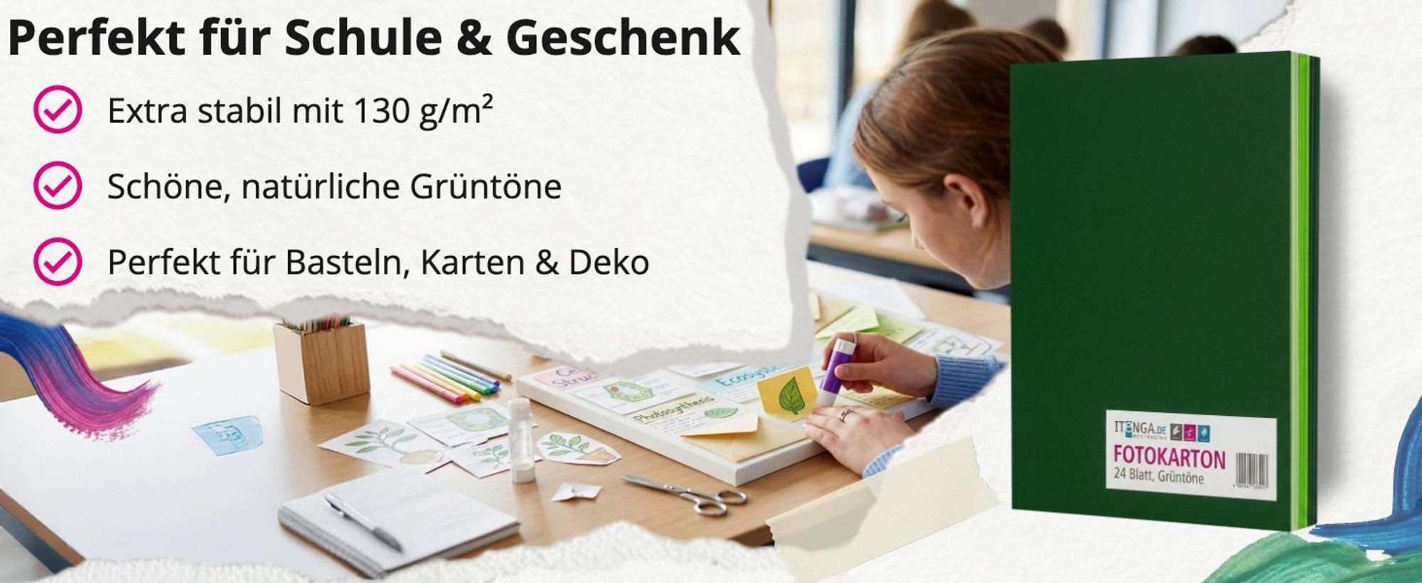 itenga Tonpapier - A4 130 g/qm 24 Blatt - Grüntöne - 4 Farben je 6 Blatt