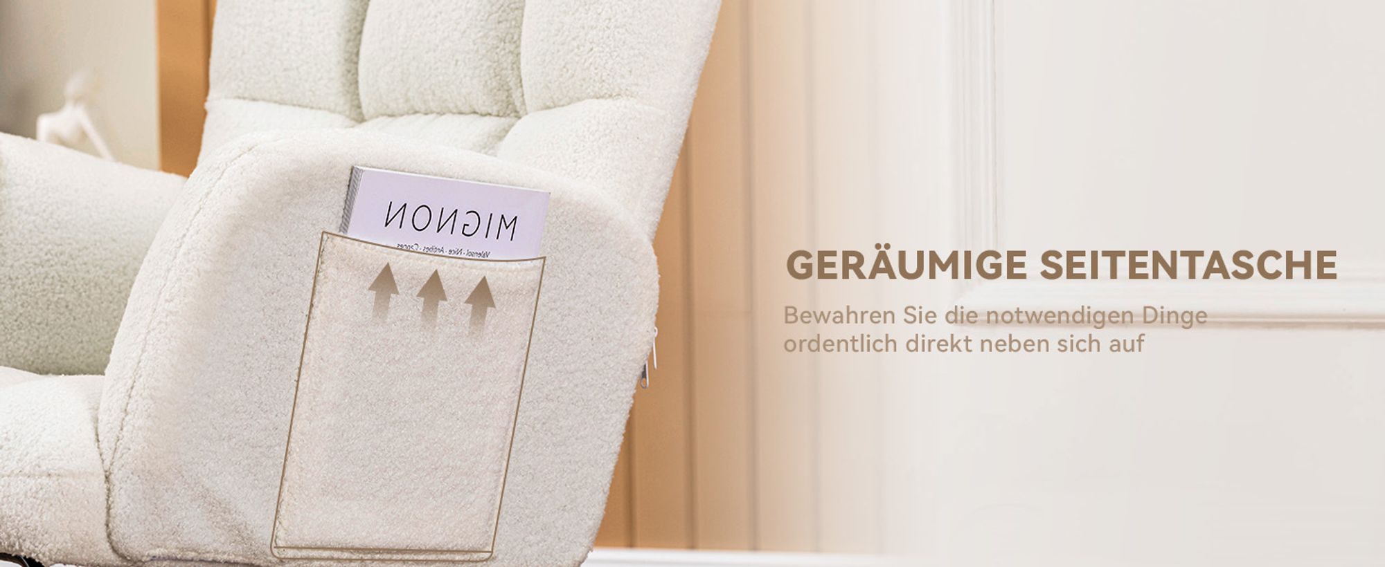 COMHOMA Schaukelstuhl mit Hocker, Relaxsessel, Ohrensessel aus Teddy-Plüsch Schaukelsessel, bis 150 kg belastbar, sonnenliege gartenliege beige