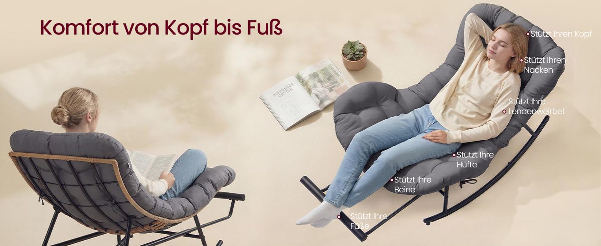 VASAGLE Relaxsessel mit ausziehbarer Fußstütze, Schaukelsessel, abnehmbares Kissen, Stahlgestell, bis 136 kg, grau