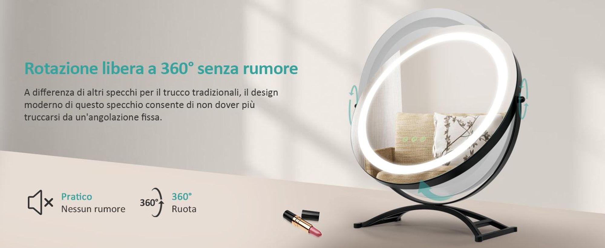 Specchio da trucco EMKE con illuminazione, specchio Hollywood con 3 colori di luce, specchio da trucco smart touch control con luce ruotabile a 360°, luminosità regolabile e funzione di memoria (Φ400mm, nero)